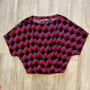 Trina Turk Colorful Pleated Geometric Dolman Batwing Sleeve Top, size small